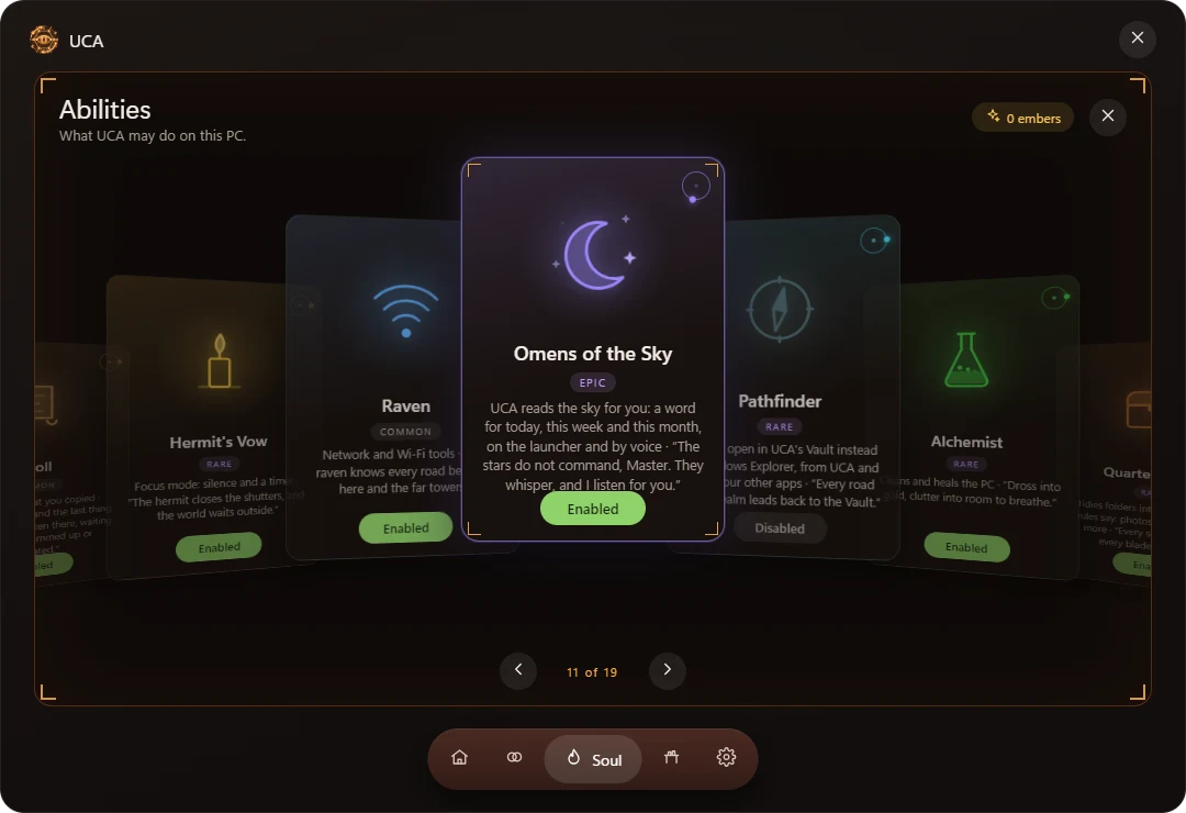 Abilities deck with Omens of the Sky in the middle
