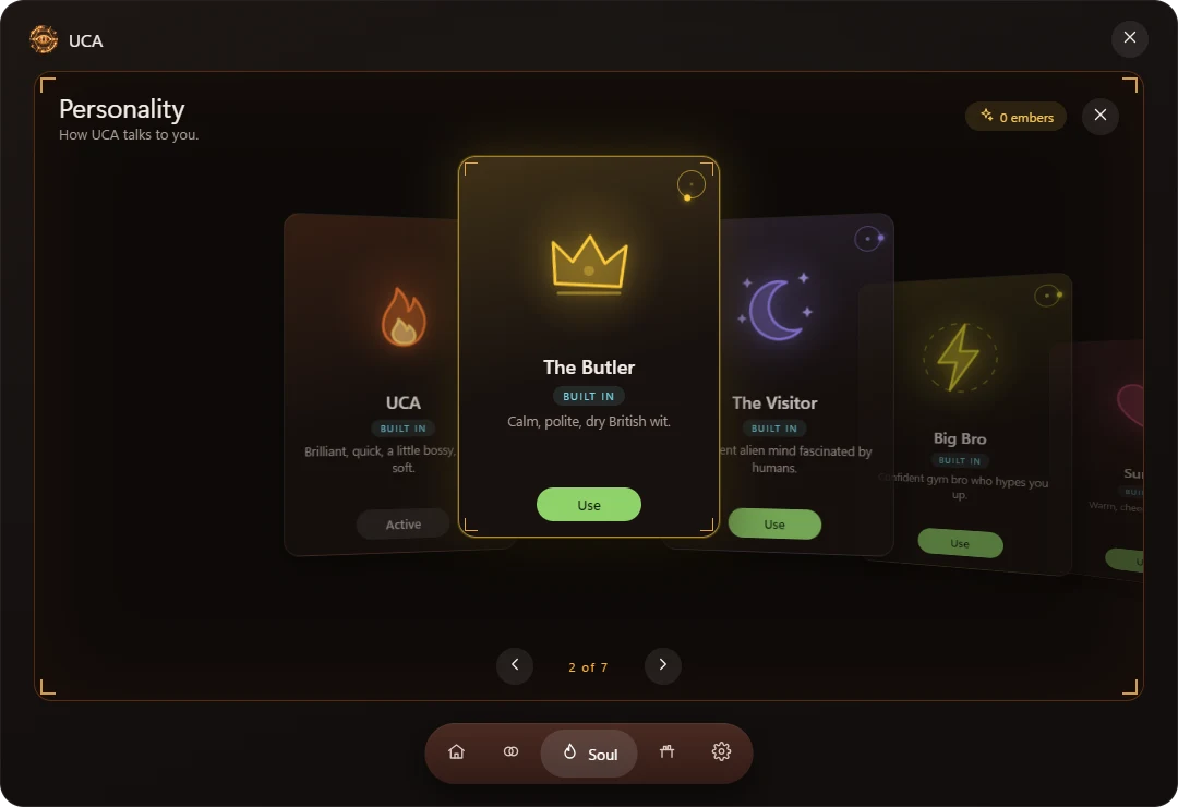 Personality deck: a crown for The Butler, a flame for UCA