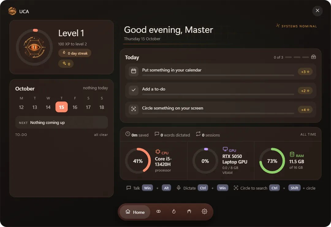 UCA home: level, calendar, daily quests and PC vitals
