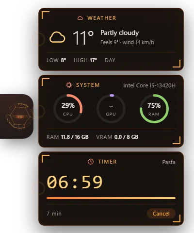 Weather, system and timer popups next to the island