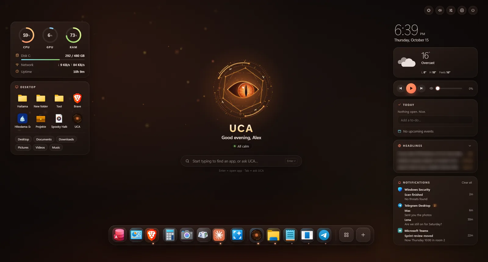 UCA launcher home with desktop files, PC vitals, notifications and an app dock