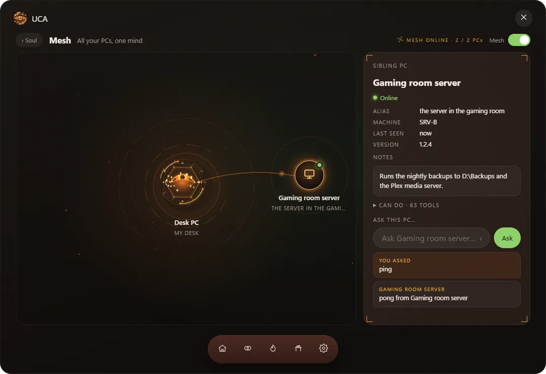 Mesh tab: the desk PC linked to the gaming room server