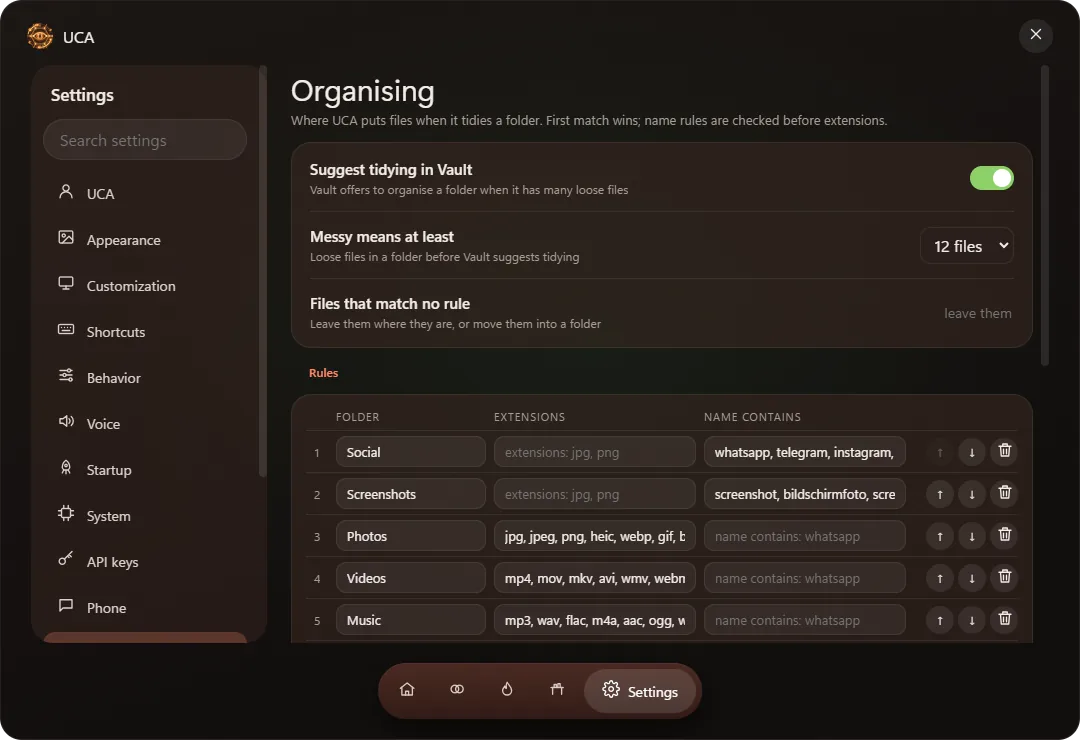 Organising rules: folders, extensions and name patterns
