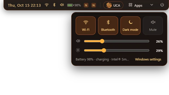 Top bar quick settings: Wi-Fi, Bluetooth, dark mode, mute, volume, brightness, battery