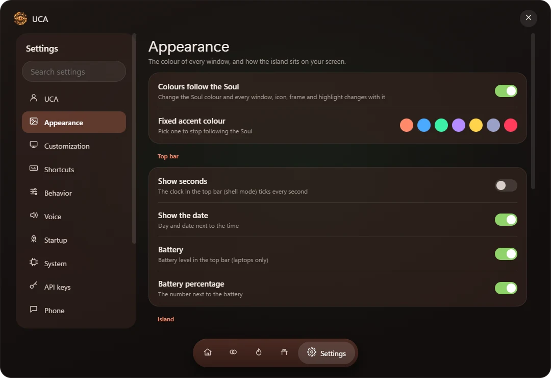 Settings > Appearance: colours follow the Soul, top bar options