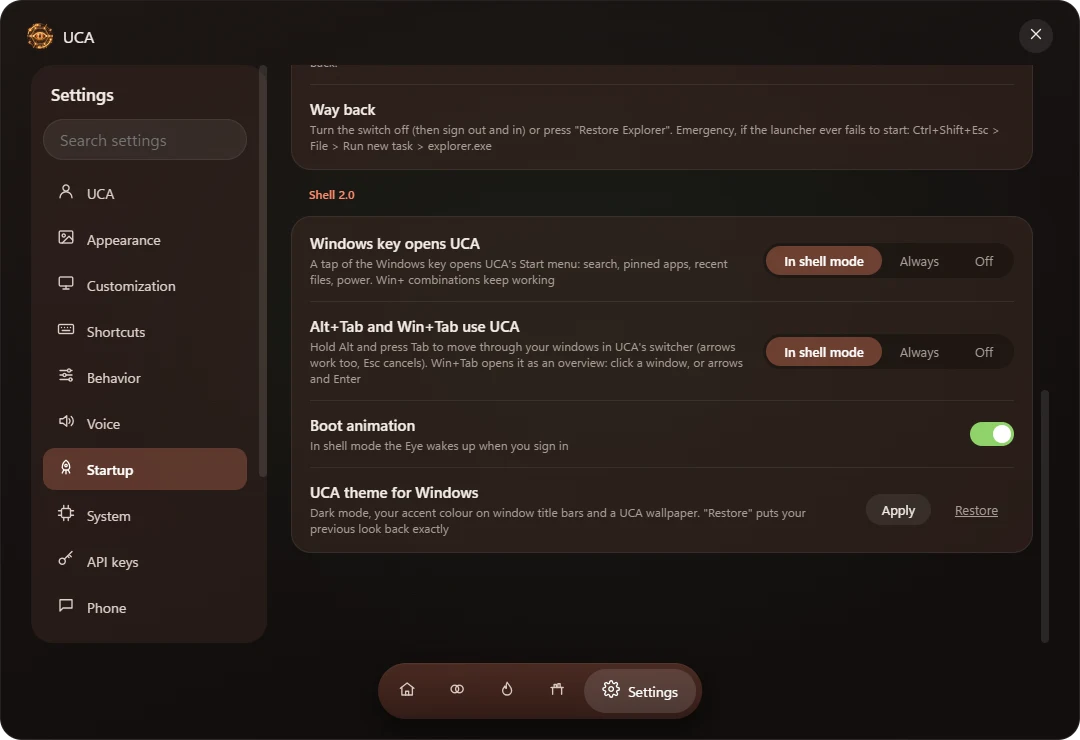 Settings > Startup > Shell 2.0