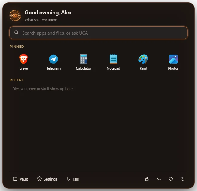 UCA Start menu: search, pinned apps, recent files and power