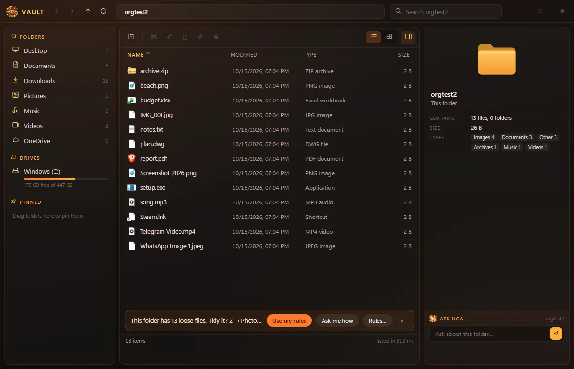 Vault offers to tidy a messy folder with your rules