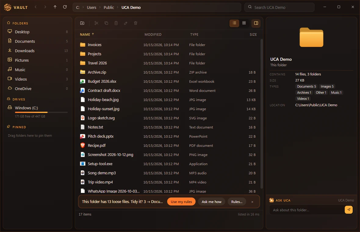 Win+E opens Vault, with the “Tidy it?” bar
